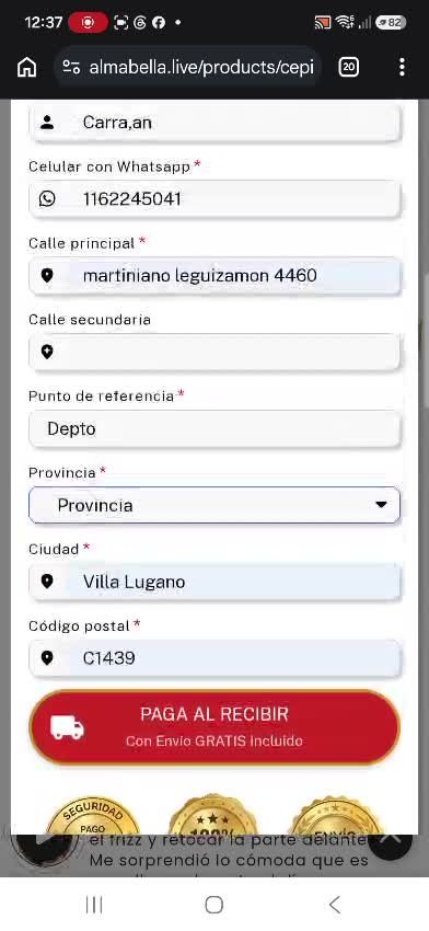Checkout con selector de provincia/ciudad y botón de pago contra entrega