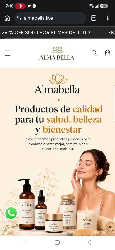 Home de la tienda Alma Bella con su propuesta de valor