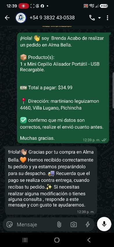 Respuesta automática confirmando el pedido y el despacho